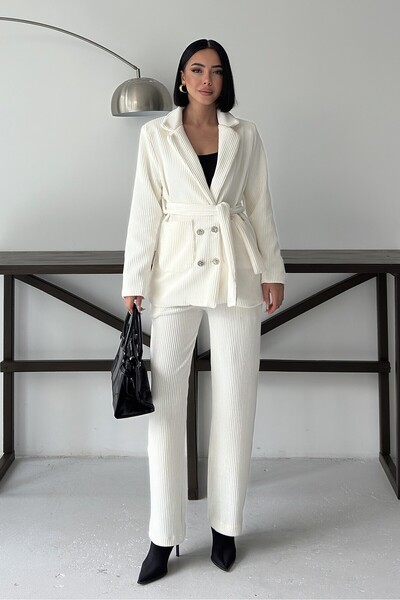ALFUDO Moda Collection White Corduroy Jacket Pants Set