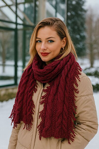 Axesoire 14810 Saçaklı Geniş Örgülü Bordo Yumuşak Dokulu Triko Atkı 30x180 cm