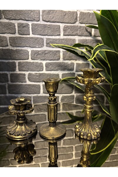 Zigzag Home Dekoratif Şamdan Mumluk 3 Parça Gold ,Eskitme Dekorasyon, Retro ,Bohem ,Pinterest tarzı mumluk