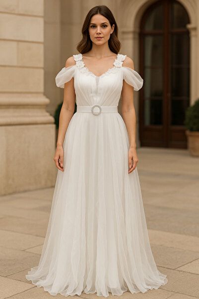 sweetyar Omuz Çiçek Detaylı Drapeli Tül Elbise – Kemerli, Düşük Kol, Astarlı, Çiçek Aksesuarlı Model