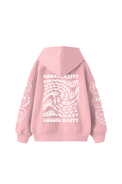 Sekizbiraltı Choose Happy Printed Oversize Unisex Pink Hoodie