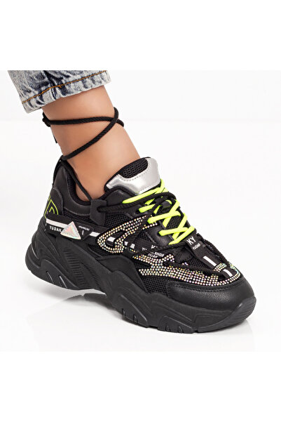 Modlet.ro Γυναικεία μαύρα πάνινα παπούτσια με χοντρή σόλα και μεταλλικές λεπτ...