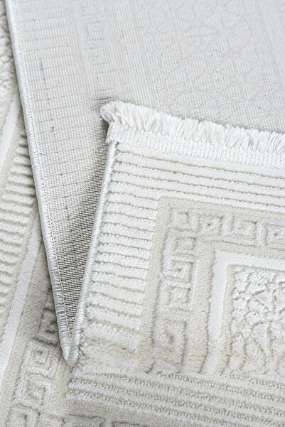 Estiva Home 4 Metrekare - 6 Metrekare Bambu Tarz Modern Dokuma Salon Oturma Odası Halısı Antialerjik Krem Beyaz