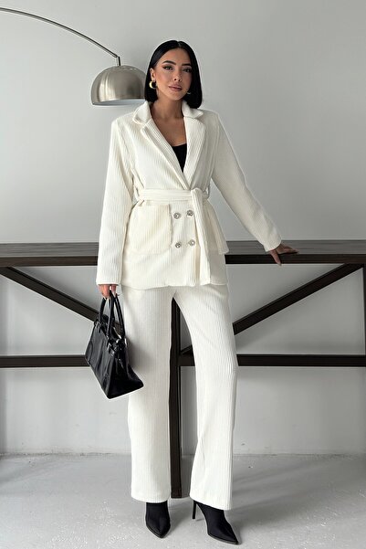 ALFUDO Moda Collection White Corduroy Jacket Pants Set