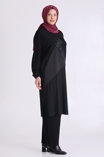 behrem Zero Neck Patchwork Detailed Plus Size Hijab Trouser Suit 3551 Black