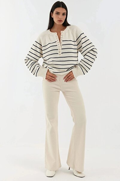 Hiccup Button Detailed Striped Loose Fit Knit Sweater