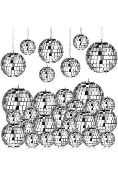 Yelajoy 28 Pack Disco Ball, Disco Ball Party Decorations Silver Hanging Reflective Mirror Balls Ornaments
