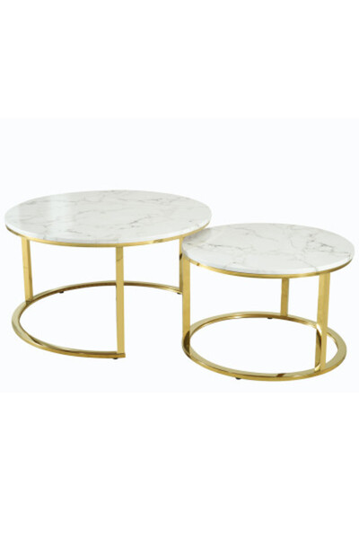 MallDeco Set de măsuțe de cafea rotunde cu blat alb și suport auriu, Ø800 × 450 și Ø600 × 380 mm