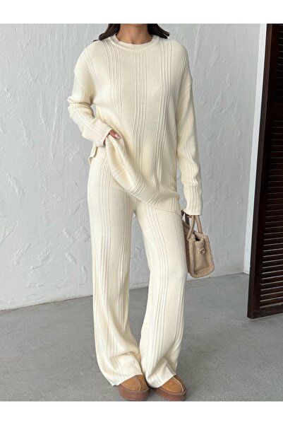 BEJNA Women's Crew Neck Ribbed Top and Bottom Knitwear Set