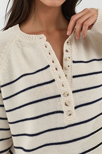 Hiccup Button Detailed Striped Loose Fit Knit Sweater