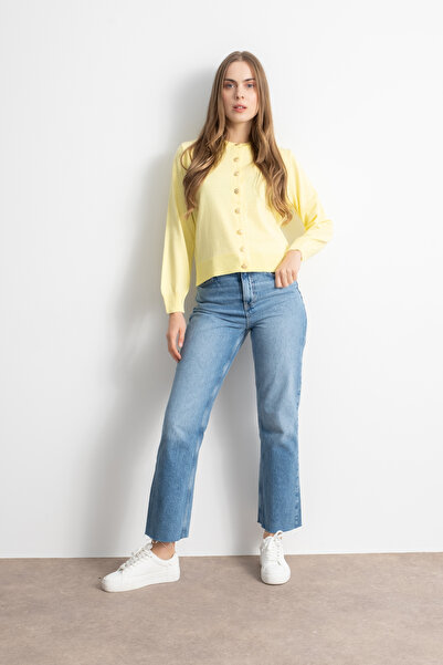 Shophia Kadın Gold Düğmeli Basic Triko Hırka - Sarı