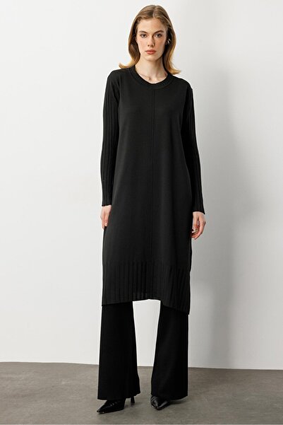 accort Ribana Detay Yırtmaçlı Triko Tunik-SİYAH