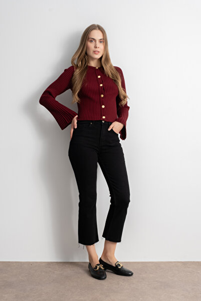 Shophia Bisiklet Yaka Düğmeli İspanyol Kol Triko Hırka - Bordo