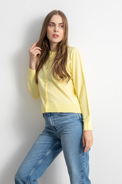 Shophia Kadın Gold Düğmeli Basic Triko Hırka - Sarı