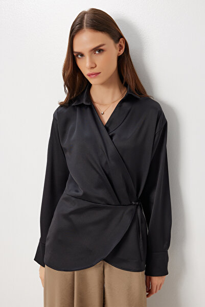 Lovelyİstanbul Shirt Collar Wrap-Around Satin Surface Blouse Lan0079 Black