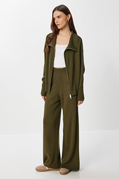 Lovelyİstanbul Cipzáras kardigán nadrág kötöttáru szett LAN0077 KHAKI