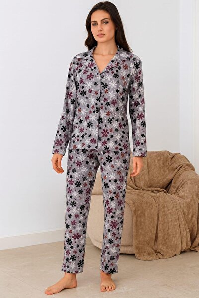 Pemilo Women's 02269 Front Buttoned Suede Pajama Set Gray