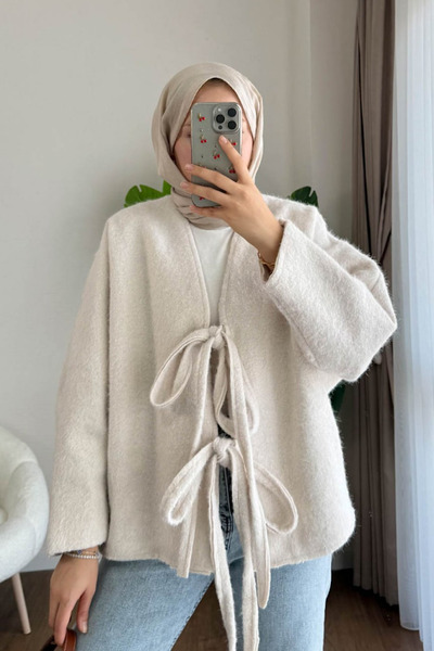 dubai showroom Önü Bağcıklı Kaşmir ceket Krem