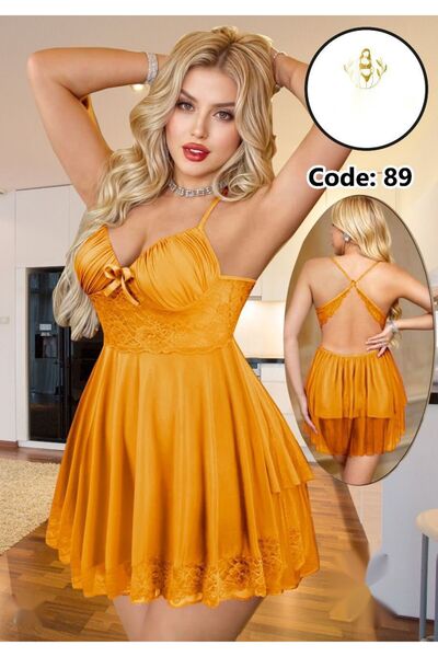 TREN Women Elegant Satin Babydoll Lingerie Set Lace Detailed Short Nightgown with Bow Embellishment