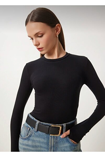 ALKY STORE Kadın Siyah Parmak Detaylı Bisiklet Yaka Pamuk Viskon Body