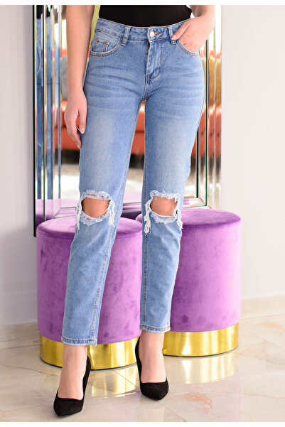 Elis Fashion Blugi de dama albastri mom fit cu talie medie si rupturi in genu...