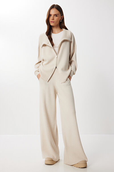 Lovelyİstanbul Zippered Cardigan Pants Knitwear Set Lan0077 Stone