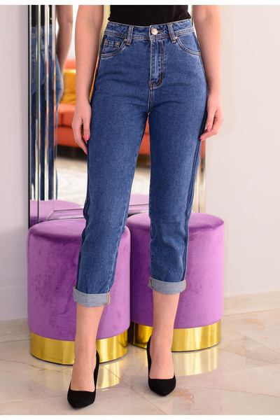 Elis Fashion Blugi de dama bleumarin mom fit cu talie inalta si dungi laterale