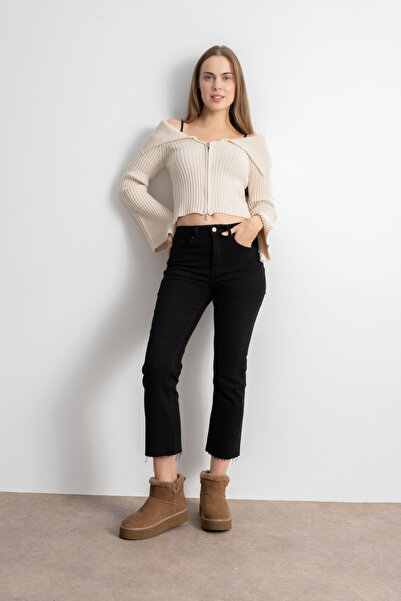 Shophia Women's Double Zipper Ribbed Knit Cardigan - Cream