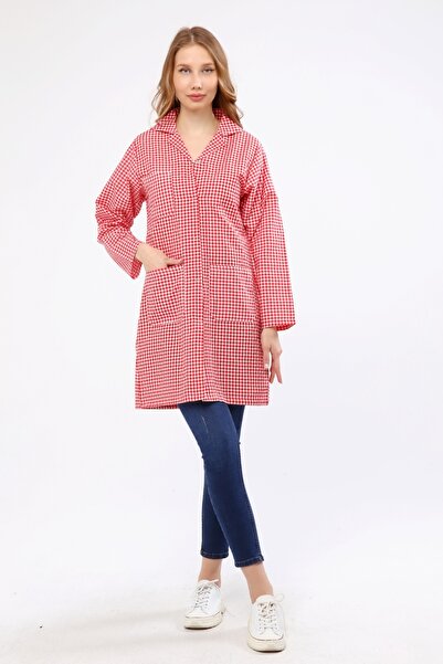 Çamdalı İş Elbiseleri Alpaca Apron Pötikare Red and White 3 Pockets Snap Fastener Front Closure - Size S