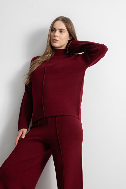 Shophia Női dombornyomott, részletgazdag kötöttáru szett – bordó