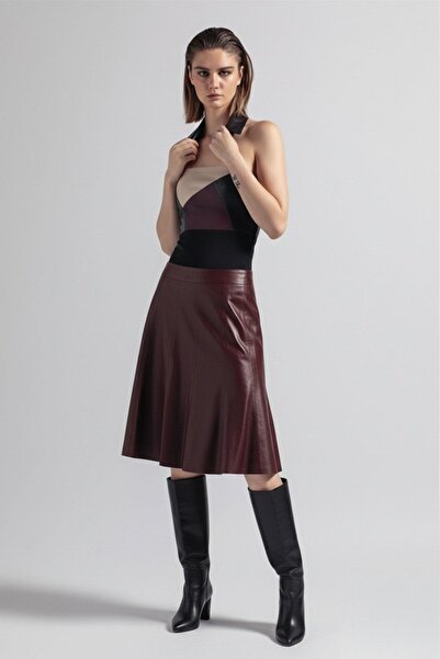 Deriderim Burgundy Women's Loose Fit Genuine Leather Skirt