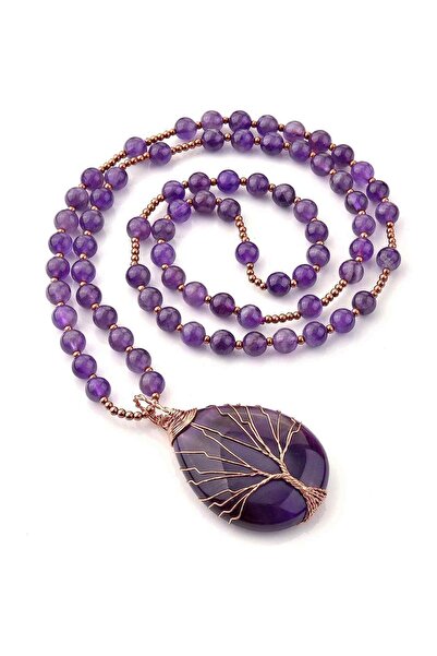 craftmystic Colier Mala cu pandantiv din ametist înfășurat cu fire și mărgele...