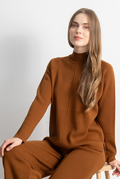 Shophia Dámská pletená souprava s reliéfním detailem – skořice