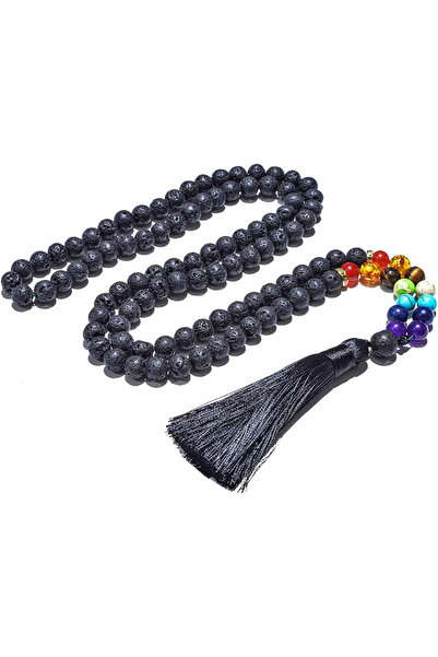 craftmystic Colier Rozariu Mala cu mărgele de 8 mm din piatră vulcanică neagră de lavă și 7 pietre pentru cele 7 chakre