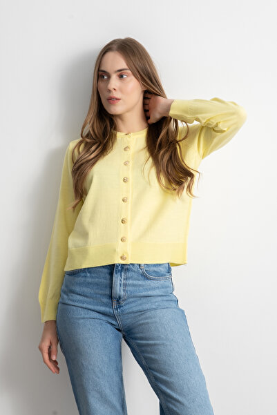 Shophia Kadın Gold Düğmeli Basic Triko Hırka - Sarı