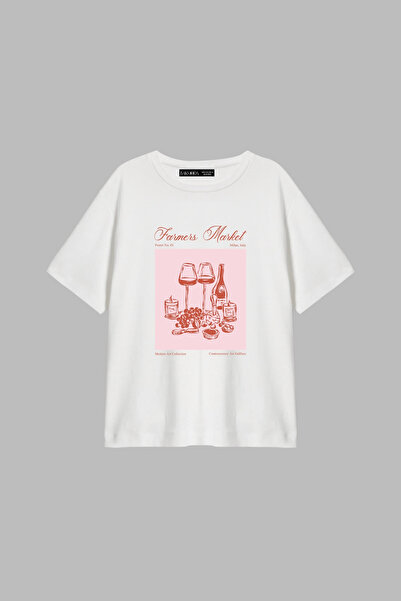 CİNEMA MODA Tricou alb pentru femei, cu imprimeu Farmers Market, cu potrivire...