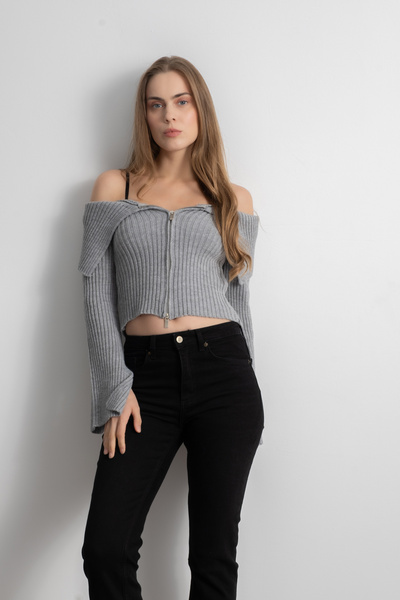 Shophia Women's Double Zipper Ribbed Knit Cardigan - Gray