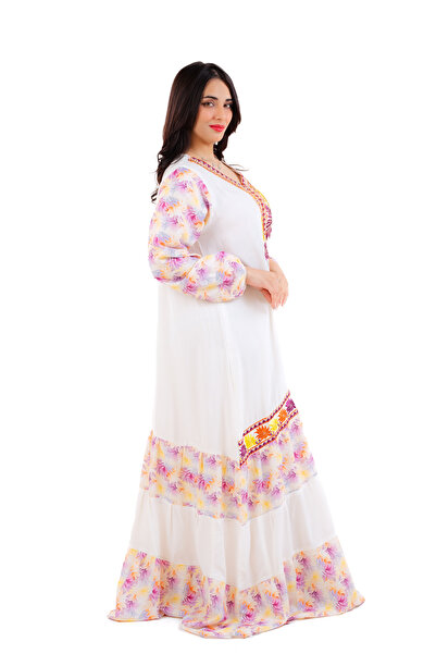 amaan Women's Embroidered Jalabiya Dress, Floral Design with V-Neck, Arabic Dress for special occasions.