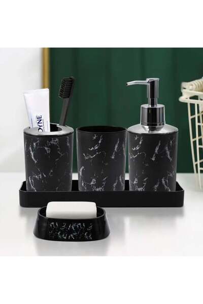 LDQ مجموعة إكسسوارات حمام رخامية - ٥ قطع مع موزع، طبق، حامل وصينية