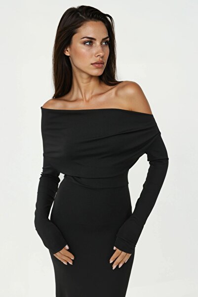 Hiccup Kayık Yaka Asimetrik Bodycon Maxi Elbise