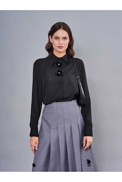 SERPİL Taş Detaylı Yaka Siyah Gömlek 50376