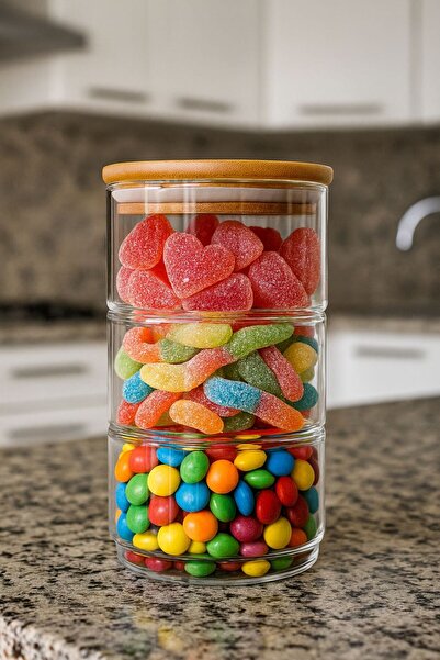 naturelove 3 Katlı Cam Saklama Kabı – Bambu Kapaklı Vakumlu Drajelik, Çerezlik, Şekerlik, Kahvaltılık