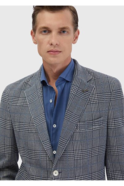 Ramsey İndigo Kareli Shirt Shoulder Slim Fit Pamuk Karışımlı Örme Ceket