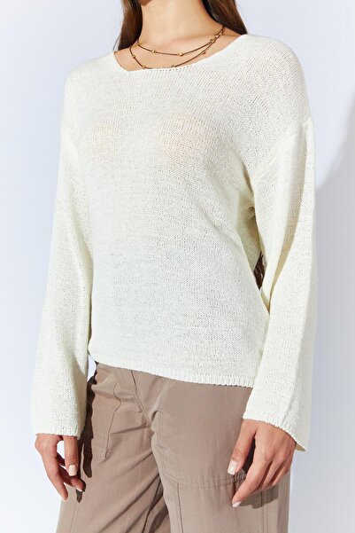 TENA Women's Cream U-Neck Sleeves Loose Basic Knitwear Sweater