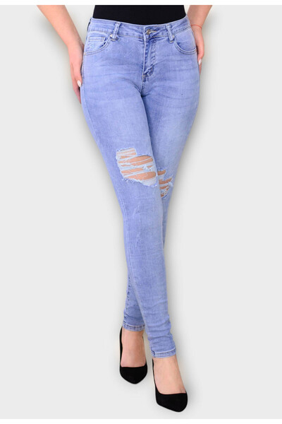 Elis Fashion Blugi de dama albastri skinny cu talie inalta si rupturi
