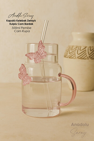 Anadolu Saray 500ml Kapaklı Kelebek Detaylı Kulplu Cam Bardak Şık Pembe Cam Kupa, Zarif Tasarım, Su ve İçecek Bard