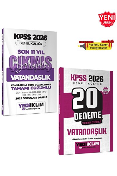 Yediiklim Yayınları 2026 - KPSS Vatandaşlık Çözümlü 20 Deneme + Konularına Gö...