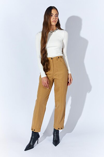 TENA Women's Camel Waist Buttoned Double Stitched Trousers