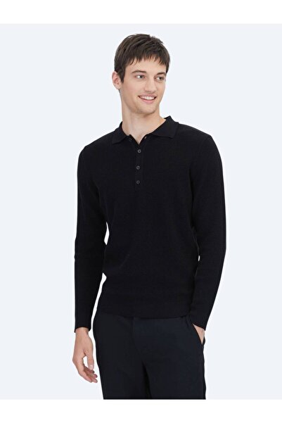 Kip Black Polo Neck Plain Knit Cotton Blend Sweater
