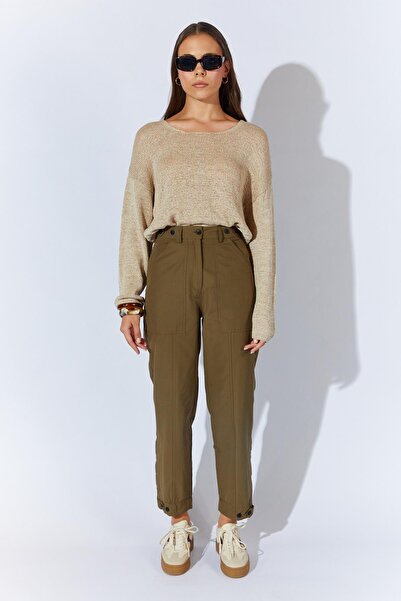 TENA Women's Khaki Buttoned Waist Double Stitched Trousers